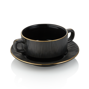 Set ceasca si farfurioara pentru supa MAYA KURO, Ø 10,5 cm, 250 ml, negru, set 4 piese, portelan