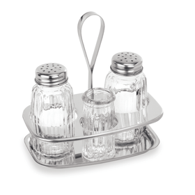 Set solnita 3 pise -  suport sare, piper si scobitori, inaltime 12,5 cm, inox si sticla