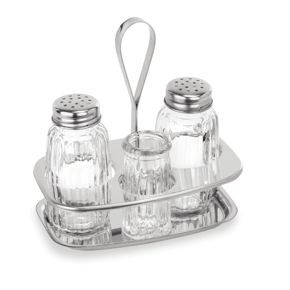 Set solnita 3 pise -  suport sare, piper si scobitori, inaltime 12,5 cm, inox si sticla