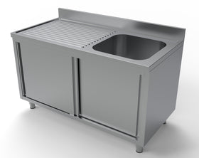 Spalator inox 70x140 cm, cu 1 cuva pe dreapta, dulap inchis cu usi culisante latime mm 1400 Adancime mm