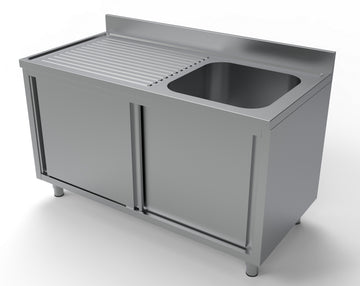Spalator inox 70x140 cm, cu 1 cuva pe dreapta, dulap inchis cu usi culisante latime mm 1400 Adancime mm