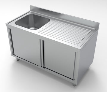 Spalator inox 70x140 cm, cu 1 cuva pe stanga, dulap inchis cu usi culisante latime mm 1400 Adancime mm