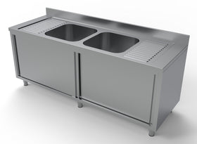 Spalator inox 70x200 cm, cu 2 cuve pe mijloc 2 picuratoare, dulap inchis cu usi culisante latime mm 2000 Adancime mm