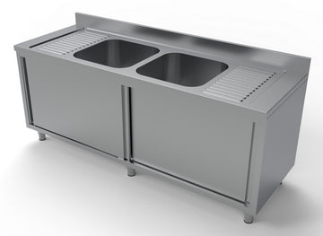 Spalator inox 70x200 cm, cu 2 cuve pe mijloc 2 picuratoare, dulap inchis cu usi culisante latime mm 2000 Adancime mm