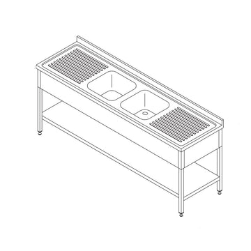 Spalator inox 190x70 cm cu 2 cuve 50x50xh30 cm, 2 picuratoare, polita