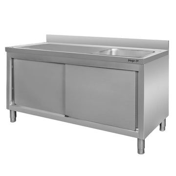 Spalator inox cu cuva de 45x45xH25 pe partea dreapta, baza inchisa cu usi culisante, 160x60xH85 cm