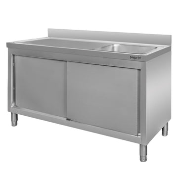 Spalator inox cu cuva de 50x40xH25 pe dreapta, baza inchis cu usi culisante, 140x60xH85 cm