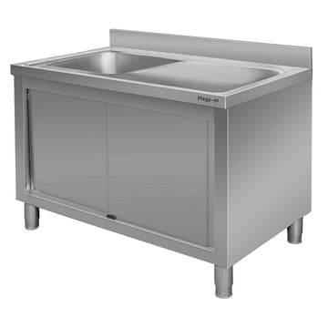 Spalator inox cu cuva de 50x40xH25 pe stanga, baza inchisa cu usi culisante, 140x60xH85 cm