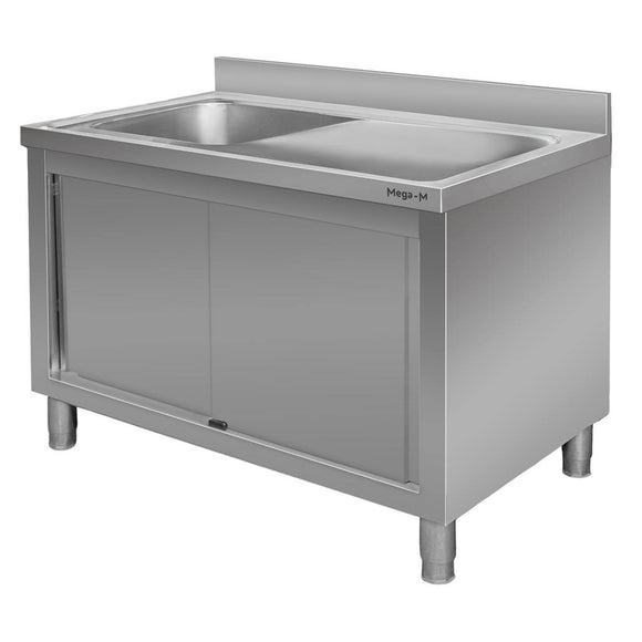 Spalator inox cu cuva de 50x40xH25 pe stanga, baza inchisa cu usi culisante, 140x60xH85 cm