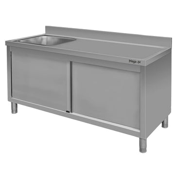 Spalator inox cu cuva de 50x50xH25 pe partea stanga, baza inchisa cu usi culisante, 160x70xH85 cm
