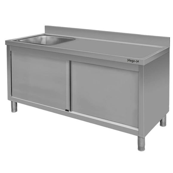 Spalator inox cu cuva de 50x50xH25 pe partea stanga, baza inchisa cu usi culisante, 160x70xH85 cm