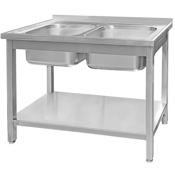 Spalator inox cu doua cuve de 40x40xH25 cu polita, 140x70xH85 cm