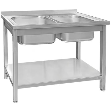 Spalator inox cu doua cuve de 40x40xH25 cu polita, 140x70xH85 cm