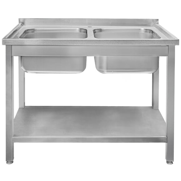 Spalator inox cu doua cuve de 40x40xH25 cu polita, 140x70xH85 cm