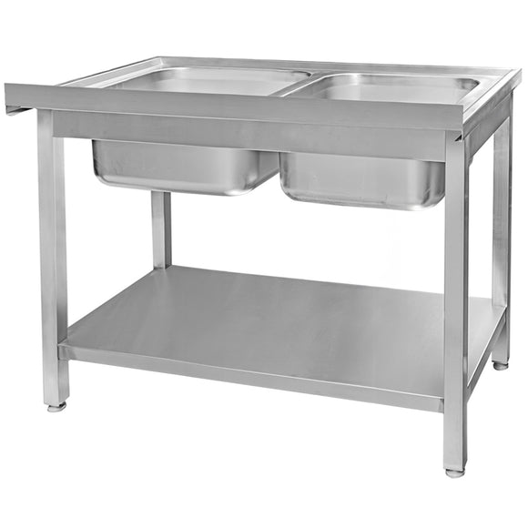 Spalator inox cu doua cuve de 40x40xH25 cu polita, 140x70xH85 cm
