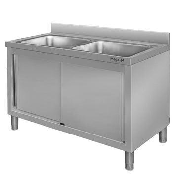 Spalator inox cu doua cuve de 50x50xH25, baza inchisa cu usi culisante, 120x70xH85 cm