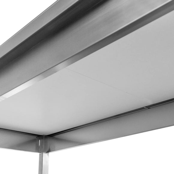 Masa inox 200x70xH85 cm, cu inaltator la peret si 1 polita - imbinari sudate
