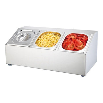 Suport condimente inox cu 3 cuve de 1,6 Litri cu capace inox html Suport elegant din inox