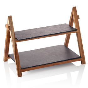 Suport servire, 2 nivele, inaltime 30 cm, lemn cu ardezie