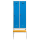 Dulap vestiar BHP pentru haine S-80 cm 2 usi cu compartimente cu banca glisanta gri/front albastru-1