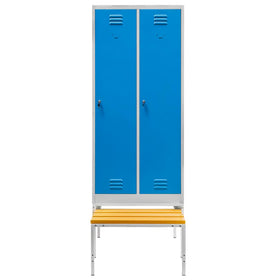 Dulap vestiar BHP pentru haine S-80 cm 2 usi cu compartimente cu banca glisanta gri/front albastru