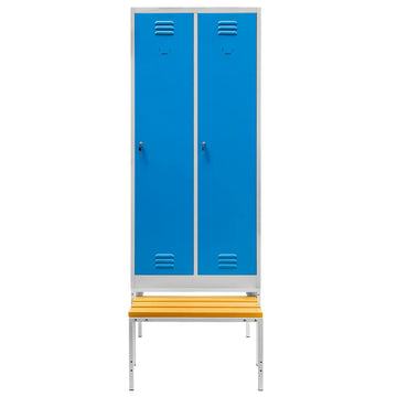 Dulap vestiar BHP pentru haine S-80 cm 2 usi cu compartimente cu banca glisanta gri/front albastru