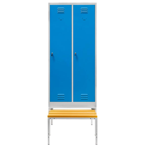 Dulap vestiar BHP pentru haine S-80 cm 2 usi cu compartimente cu banca glisanta gri/front albastru