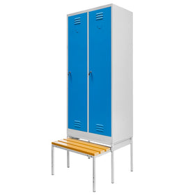 Dulap vestiar BHP pentru haine S-80 cm 2 usi cu compartimente cu banca glisanta gri/front albastru - 0