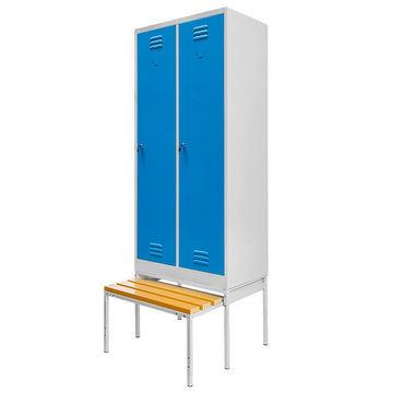 Dulap vestiar BHP pentru haine S-80 cm 2 usi cu compartimente cu banca glisanta gri/front albastru - 0