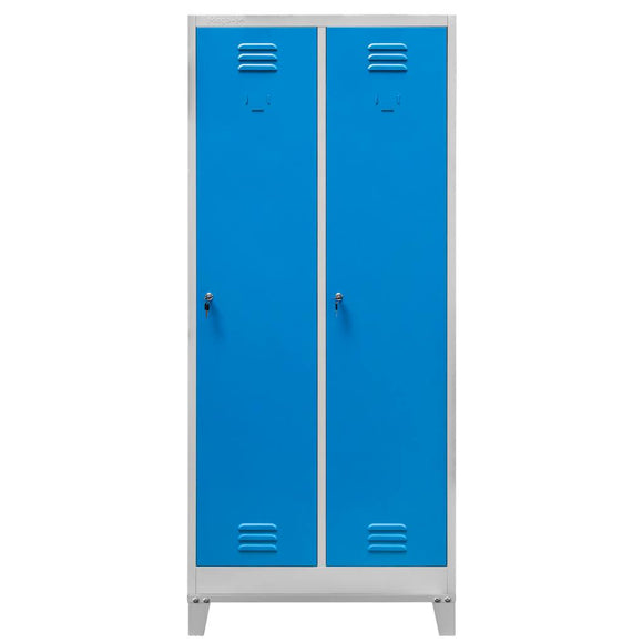 Dulap vestiar BHP cu picioare, 2 usi, cu compartimente, S-80 cm, gri/albastru front