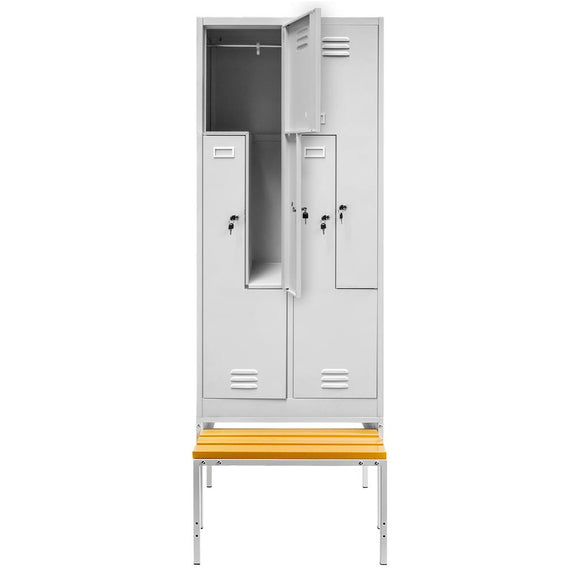 Dulap vestiar BHP cu baza si bancuta extensibila, 4 usi, tip L, S-80 cm, gri