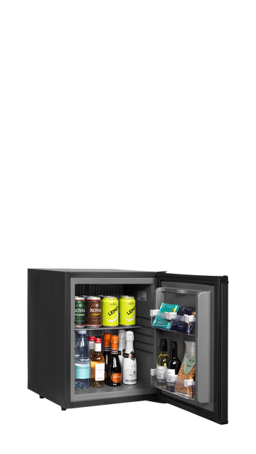 Minibar hotel absorbtie usa sticla TM28SA vedere laterala Tefcold – minibar hotel cu compresor sau absorbtie, silentios, pentru camere hotel si pensiuni