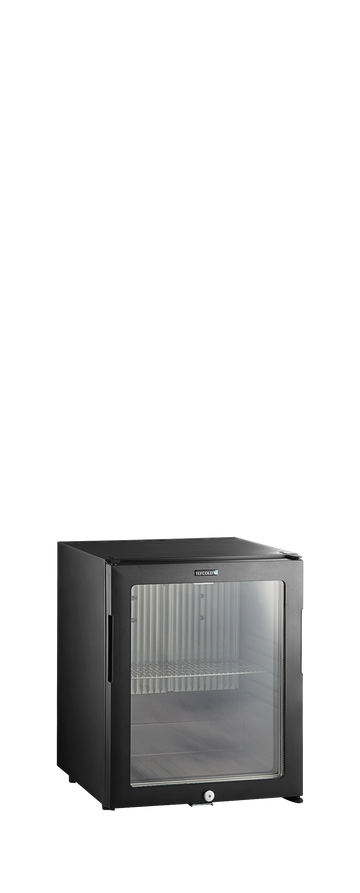 Minibar hotel absorbtie negru usa sticla TM28GA, 26 l, +5/+14C Tefcold – minibar hotel cu compresor sau absorbtie, silentios, pentru camere hotel si pensiuni