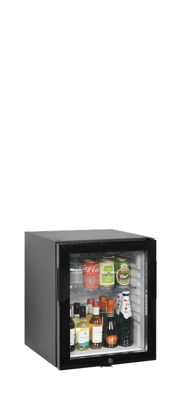 Minibar hotel negru usa sticla TM24G, 24 l, +5/+14C Tefcold – minibar hotel cu compresor sau absorbtie, silentios, pentru camere hotel si pensiuni