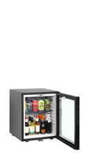 Minibar hotel negru usa sticla TM24G vedere laterala Tefcold – minibar hotel cu compresor sau absorbtie, silentios, pentru camere hotel si pensiuni