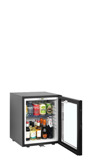 Minibar hotel negru usa sticla TM24G vedere laterala Tefcold – minibar hotel cu compresor sau absorbtie, silentios, pentru camere hotel si pensiuni