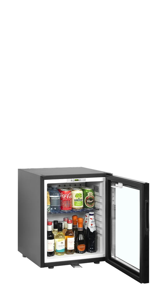 Minibar hotel negru usa sticla TM24G vedere laterala Tefcold – minibar hotel cu compresor sau absorbtie, silentios, pentru camere hotel si pensiuni