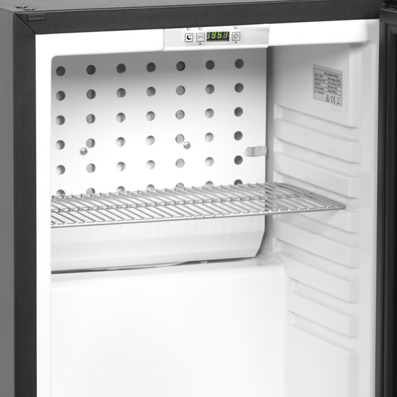 Minibar hotel negru usa sticla TM24G detaliu Tefcold – minibar hotel cu compresor sau absorbtie, silentios, pentru camere hotel si pensiuni