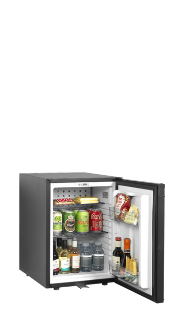 Minibar hotel negru TM35S vedere laterala Tefcold – minibar hotel cu compresor sau absorbtie, silentios, pentru camere hotel si pensiuni