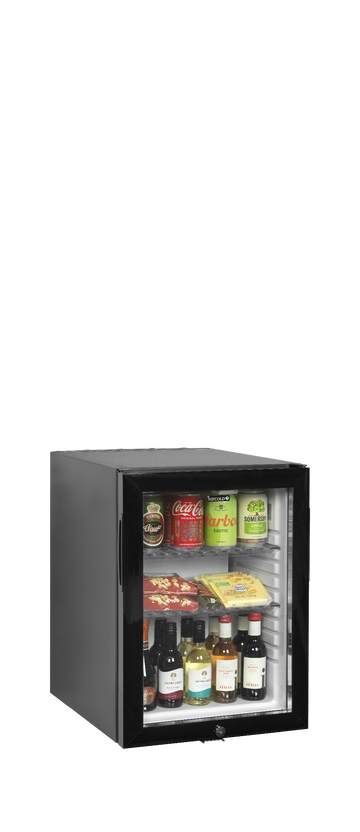 Minibar hotel negru usa sticla TM35G vedere laterala Tefcold – minibar hotel cu compresor sau absorbtie, silentios, pentru camere hotel si pensiuni