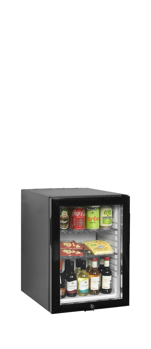 TM45GC-Negru, 34 l, 5 la 14, 1 usa din sticla cu balama, Static, LED, 65 W, G Gama de minibare operate de