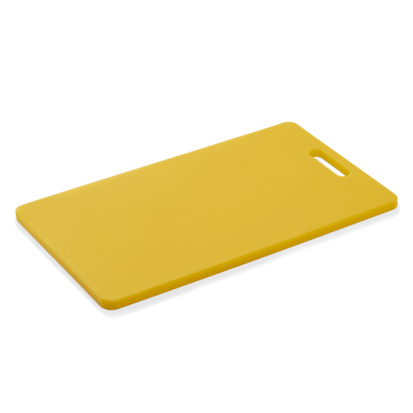 Tocator galben polietilena, 40x25cm, gosime 1,2 cm, conform HACCP, cu decupaj maner