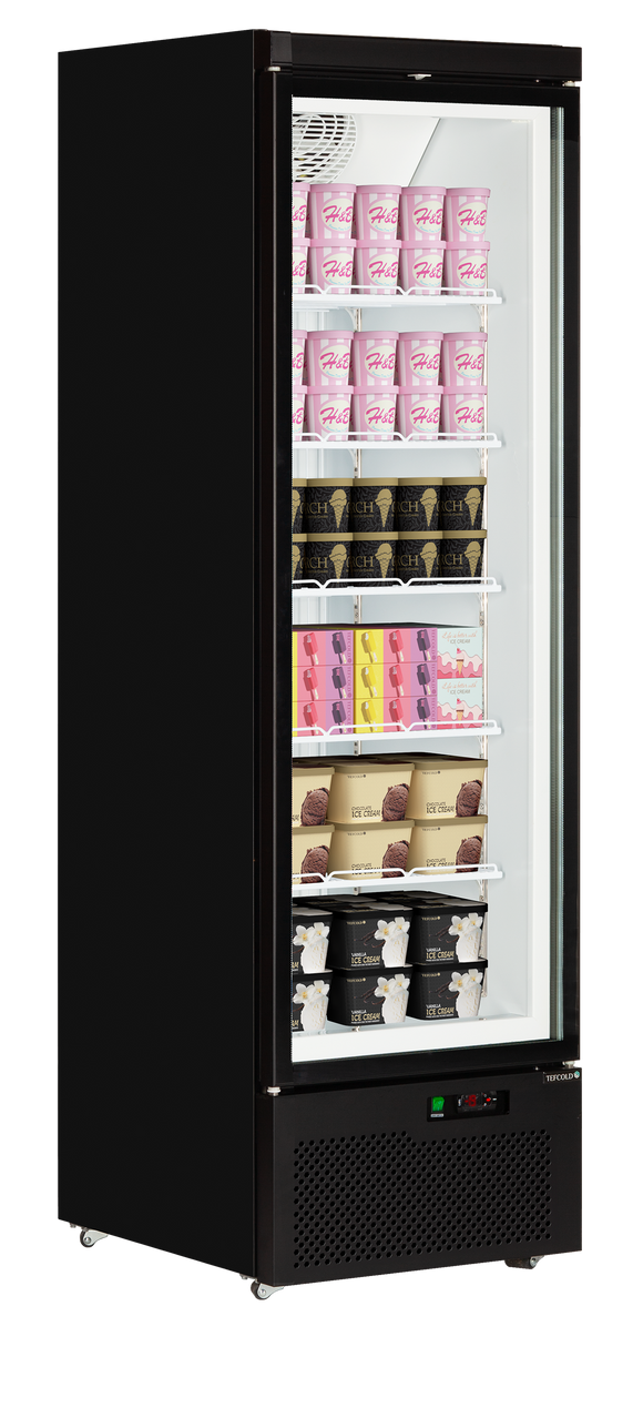Vitrina congelare negru, 390 l,-18-22C, 1 usa din sticla, racire ventilat, iluminare LED, puetere 0.6 kW, clasa energetica C