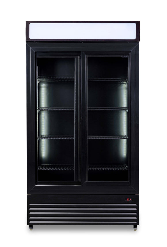 Vitrina frigorifica verticala, 780 Litri, racire ventilata, iluminare LED, culoare neagra, 2 usi culisante
