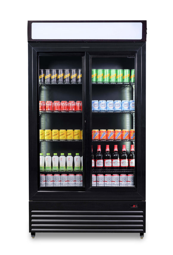 Vitrina frigorifica verticala, 780 Litri, racire ventilata, iluminare LED, culoare neagra, 2 usi culisante