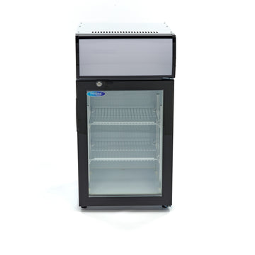 Vitrina refrigerata 0C 10C, 50 Litri, cu caseta luminoasa, 2 grilaje, racire ventilata