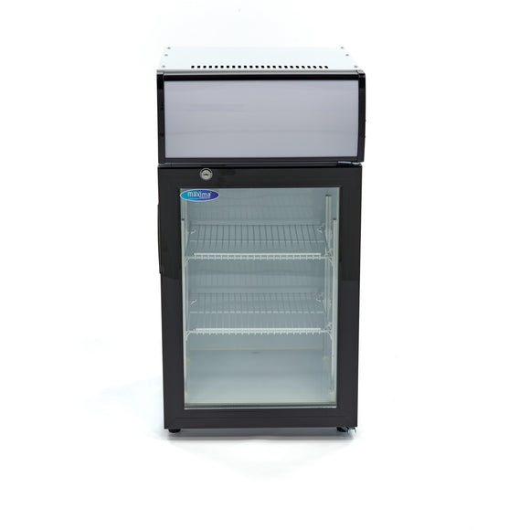 Vitrina refrigerata 0C 10C, 50 Litri, cu caseta luminoasa, 2 grilaje, racire ventilata