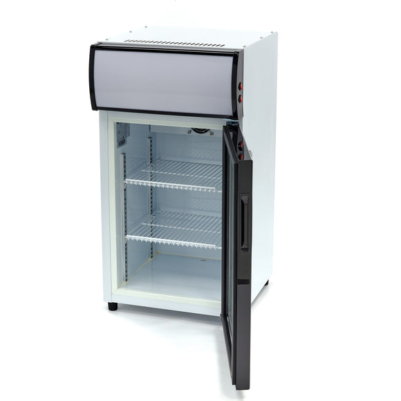 Vitrina refrigerata 0C 10C, 50 Litri, cu caseta luminoasa, 2 grilaje, racire ventilata