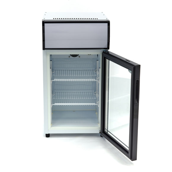 Vitrina refrigerata 0C 10C, 50 Litri, cu caseta luminoasa, 2 grilaje, racire ventilata