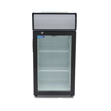 Vitrina refrigerata 0C 10C, 80 Litri, cu caseta luminoasa, 2 grilaje, racire ventilata